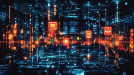 Obraz premium Illuminated network infrastructure visualizing digital data transmission and processing across interconnected global systems and platforms