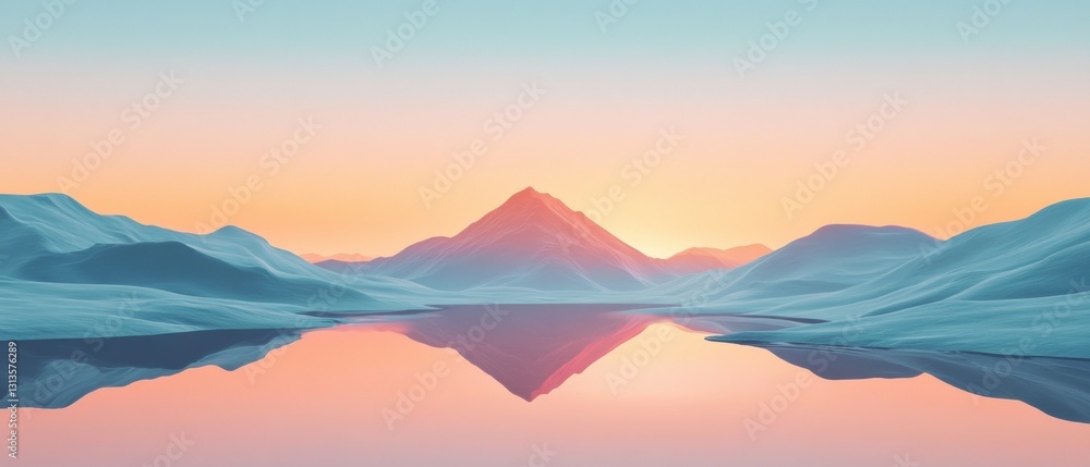 Poster Serene Reflection of a Snow-Capped Mountain at Sunrise Over Calm Lake Surrounded by Gentle Slopes and Soft Color Gradients in the Sky