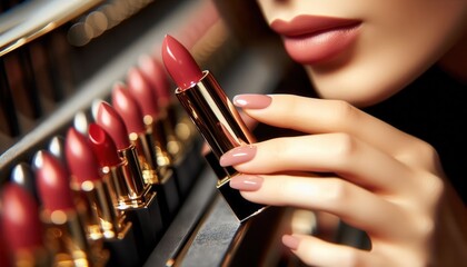 Beauty event lipstick selection cosmetic store close-up view glamorous setting