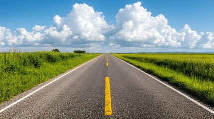 Fototapeta premium Asphalt Road Through Lush Green Fields Under a Blue Sky with Fluffy Clouds