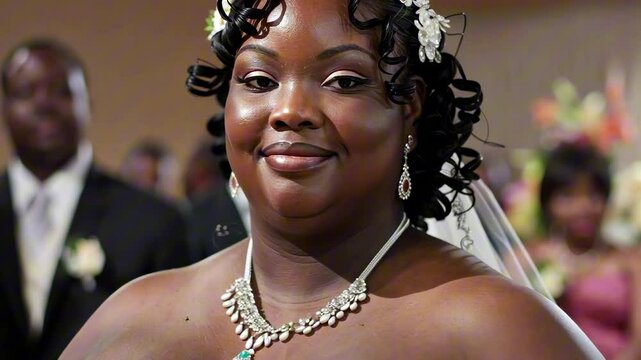 Beautiful plus-size afro american bride with curly hair and pearl earrings smiling at a wedding reception. Concept of love and celebration