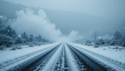 Obraz premium Serene Snowy Road Stretching Into Foggy Winter Landscape