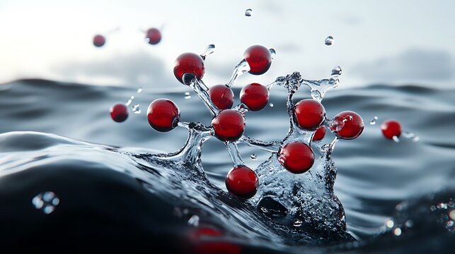 Red Molecular Structure Splashing into Ocean Waters: 3D Render AI Generated