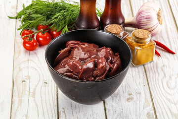 Raw chicken liver uncooked in the bowl