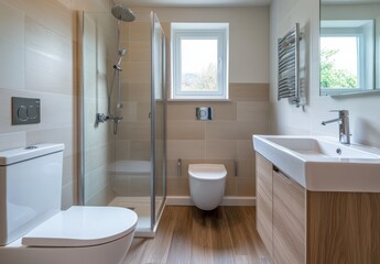 Modern bathroom interior with glass shower, sleek vanity, stylish fixtures, and natural light from window showcasing contemporary design features