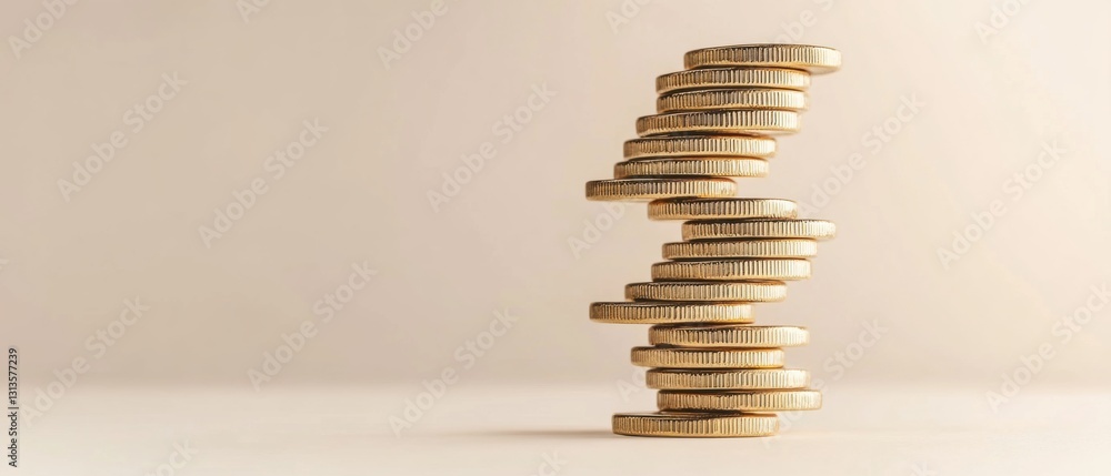 Poster stack of gold coins ascending in a zigzag pattern on a neutral background representing financial gro