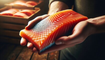 Culinary photography at a sustainable seafood stall featuring fresh salmon