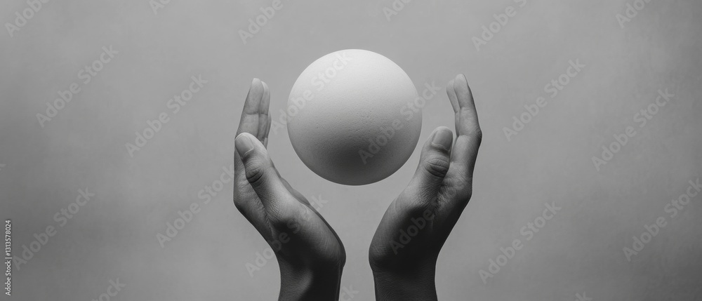 Aufkleber hands holding a white sphere against a soft gray background in black and white, symbolizing balance 