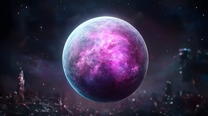 Fototapeta premium Cosmic Purple Orb Floating Above Cityscape at Night in Digital Art Illustration