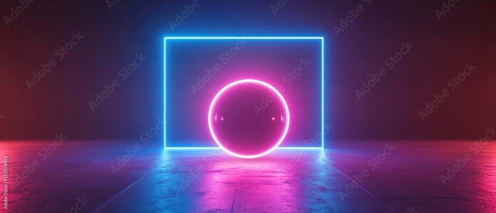 Poster neon sphere and frame surrounded by futuristic glow in a dimly lit environment ideal for abstract ba