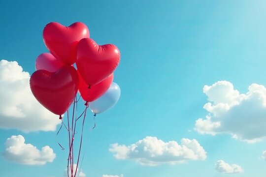 Red heart balloons floating in a clear blue sky with fluffy clouds, love, hearts, happiness