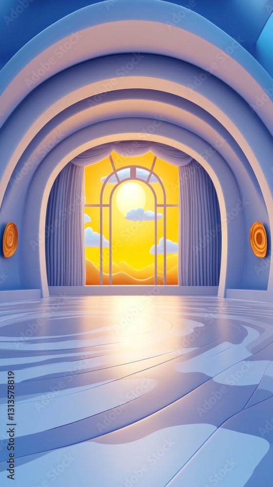 Poster arched room shines with sunlight illuminating the sandy desert view from the large window at the roo