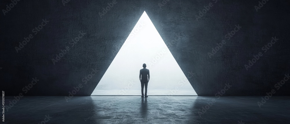 Poster individual standing in front of a large triangle opening with soft light illuminating a foggy landsc