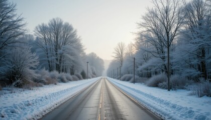 Obraz premium Serene Winter Roadway Surrounded by Snow-Covered Trees and Fog