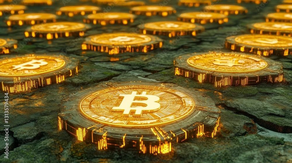 Aufkleber golden cryptocurrency landscape visualizing blockchain technology and digital assets future financia
