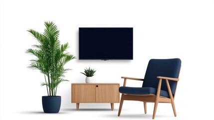 Modern living room interior with TV, armchair, plant, and wooden cabinet against white wall.