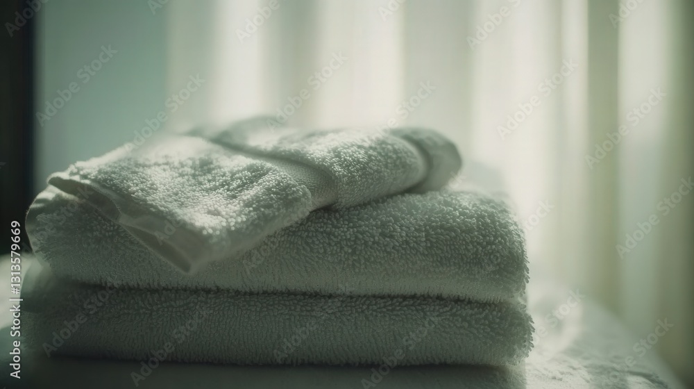 Poster soft, neatly stacked white towels on a table with natural light filtering through curtains