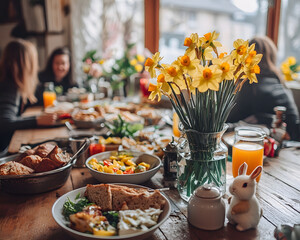 A vibrant spring brunch adorned with daffodils, delicious food, and laughter among friends, capturing the essence of togetherness.