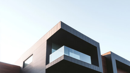 Modern architectural design features angular shapes and large windows under clear blue sky