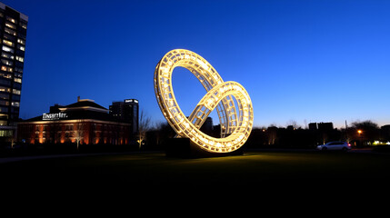 Innovative Infinity Symbol Glass Sculpture Lit Up in Urban Park