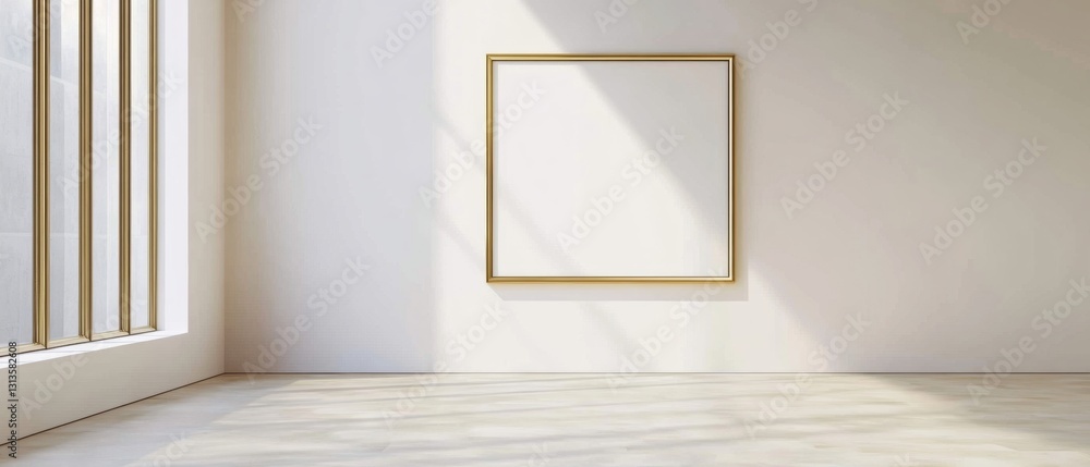 Aufkleber minimalist empty room with a blank frame on wall and natural light streaming in through large window