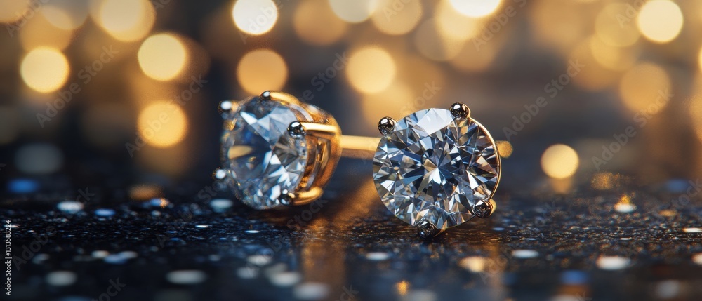 Aufkleber elegant diamond earrings with golden settings placed on a sparkling surface, surrounded by soft boke