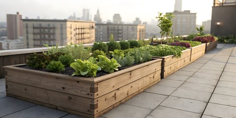 Raised garden bed with fresh greens on urban rooftop, 3D render with copy space, symbolizing sustainable city living and modern agriculture. Ideal for eco-friendly branding