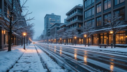 Serene Winter Evening on a Snow-Covered City Street with Soft Light