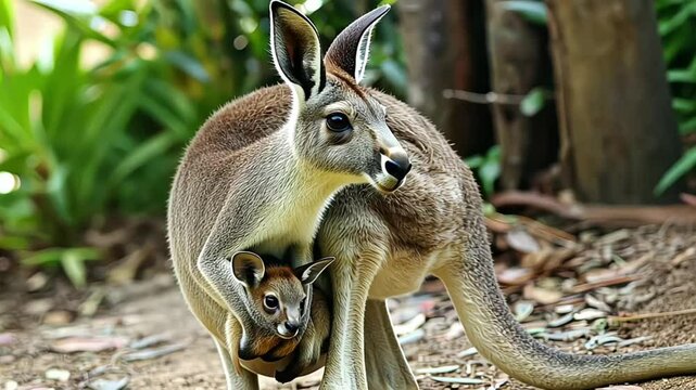 A kangaroo with a joey in its pouch, standing in the Australian outback, showcasing maternal care and unique wildlife.