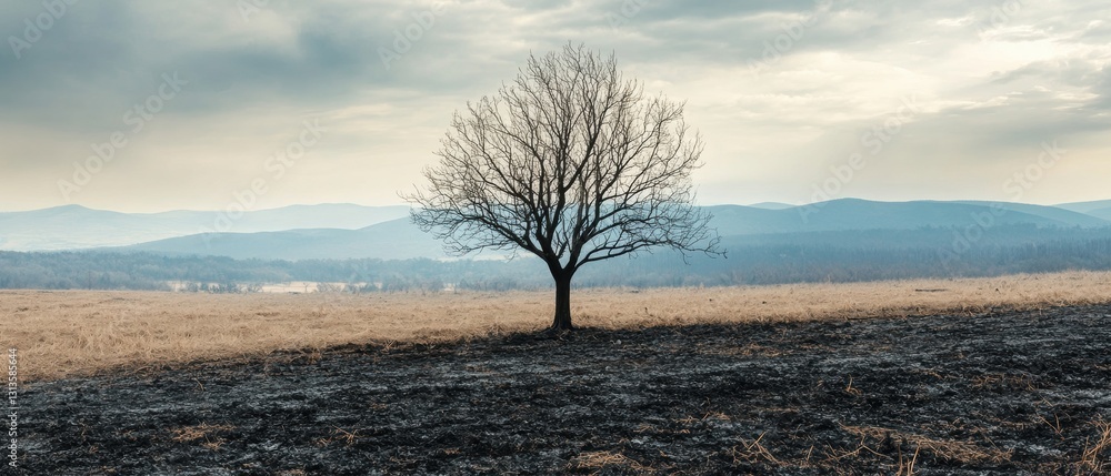 Aufkleber solitary tree on an open field under a cloudy sky surrounded by mountains in the background with moo
