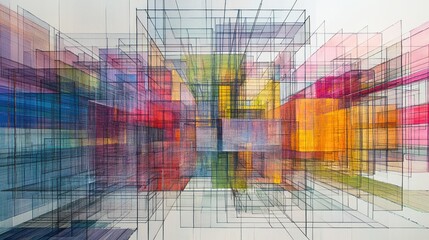 Fototapeta premium Abstract geometric shapes, vibrant colors, interlocking forms, digital art, modern, background, design, poster