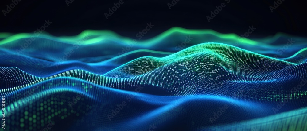 Poster abstract representation of digital waves with glowing green and blue colors on a dark background sho