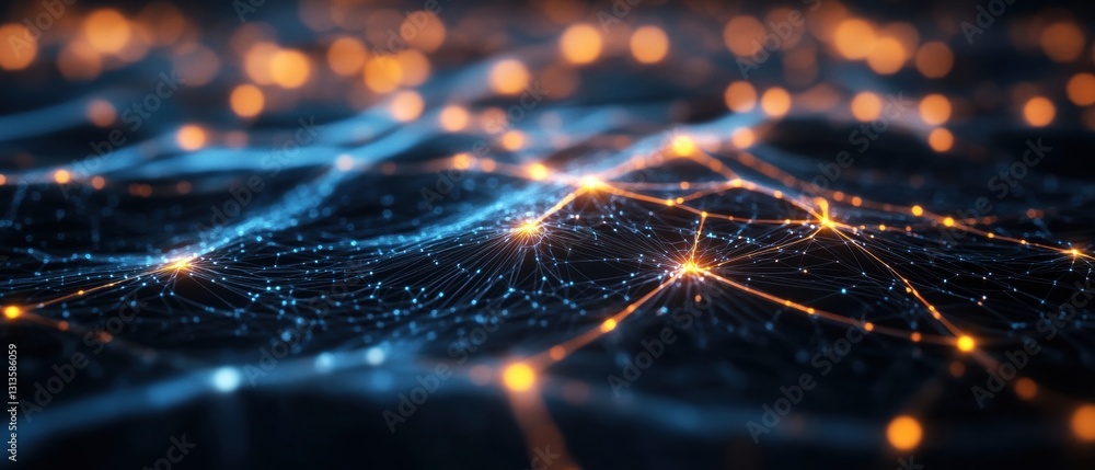 Poster abstract digital network with glowing nodes and lines showcasing technology, connection, and innovat
