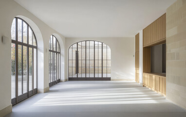 Fototapeta premium Bright modern interior with large windows and minimalist design in afternoon light