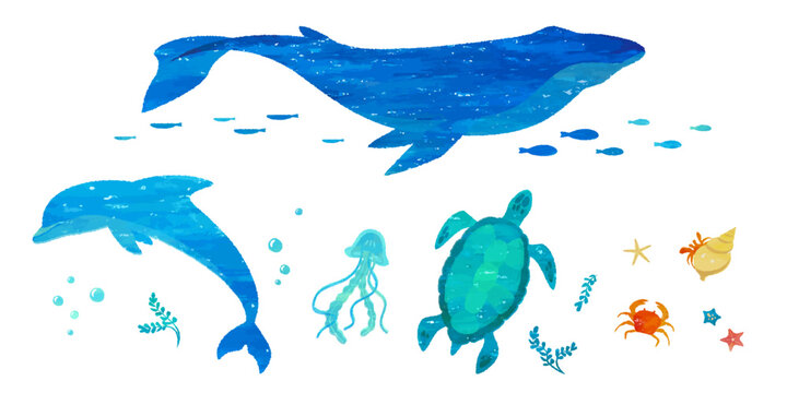 手描き風のクジラやイルカのベクターイラスト　版画、スタンプ、はんこ、コラージュ、水彩絵の具で描かれた海の生き物
