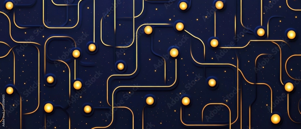 Poster abstract background with geometric lines and golden spheres on dark surface for modern design and te