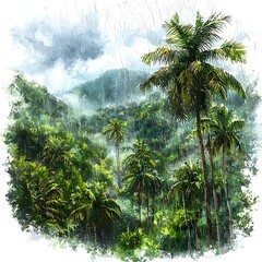 Naklejka premium Lush Tropical Rainforest Under a Summer Rain A Digital Painting of Palm Trees and Verdant Foliage.