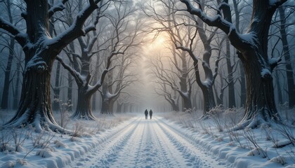 Serene Winter Scene with Couples Walking in Snowy Forest Pathway