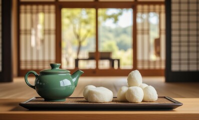 Serene tea setting with steamed buns