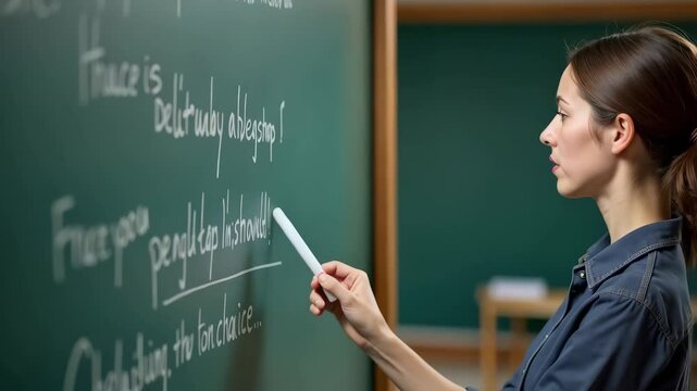 Engaging language lesson in classroom with teacher explaining complex grammar concepts to students