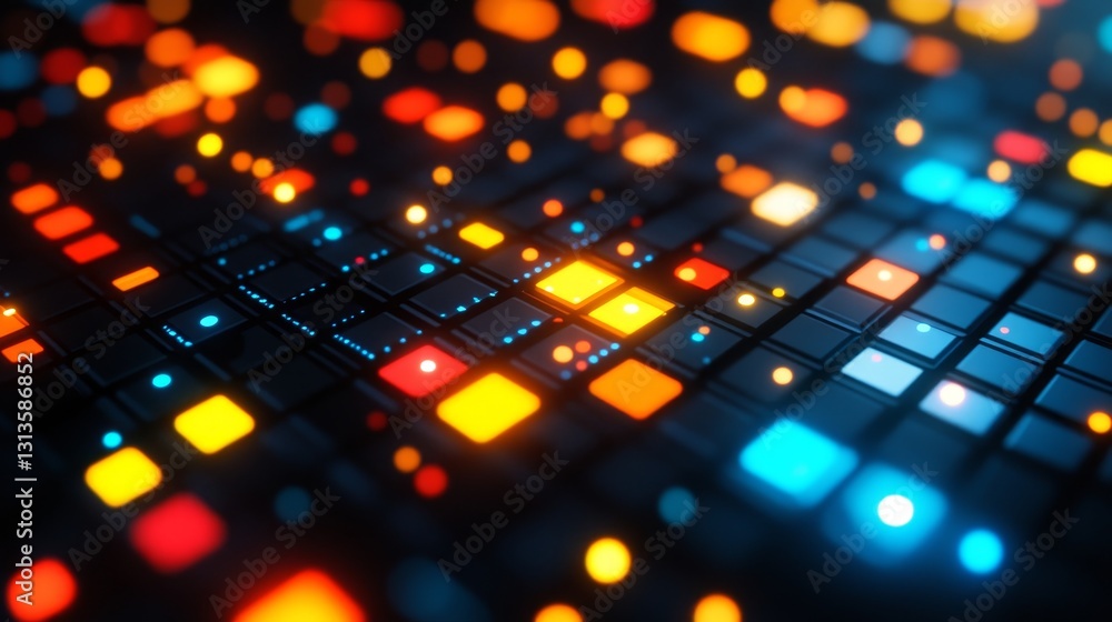 Poster illuminated grid matrix abstract background with vibrant digital lights for technology and data visu