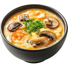 A Bowl of Japanese Chawanmushi Savory Steamed Egg Soup with Mushrooms Isolated on Transparent Background