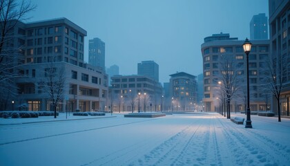 Snowy Evening in Urban Landscape with Soft Blue Lighting