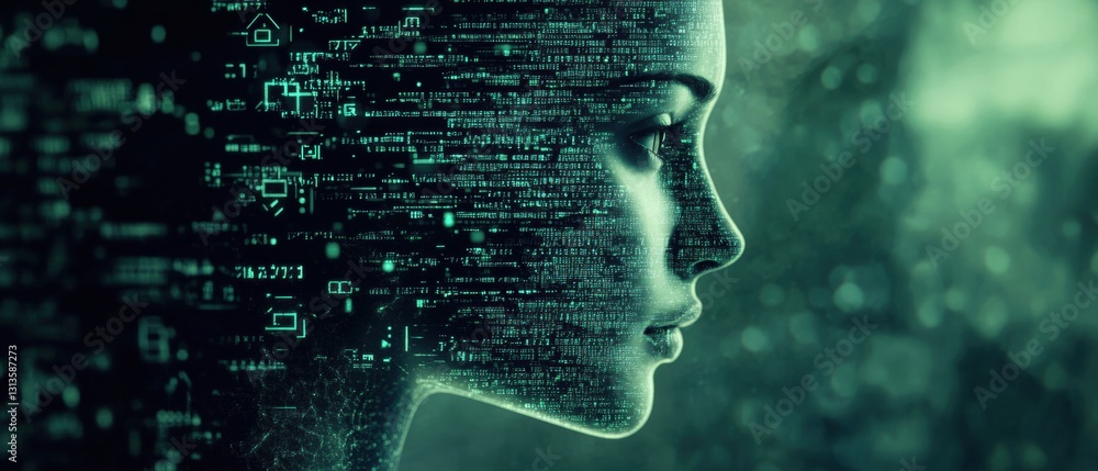 Poster stunning profile of a futuristic woman with digital binary code overlay representing technology, dat