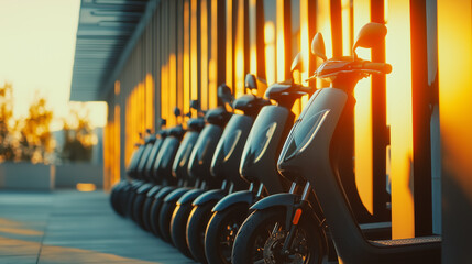 Row of electric scooters parked at a charging station during sunset