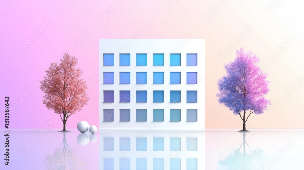 Poster pastel-colored trees flank a minimalist building with a grid of blue squares, reflecting on a glossy
