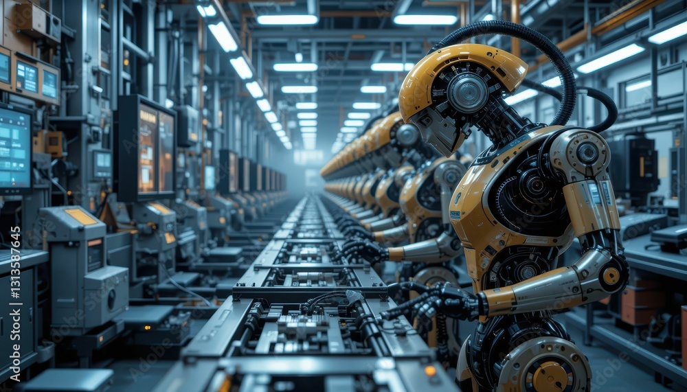 Poster futuristic factory scene with advanced robotics and automation