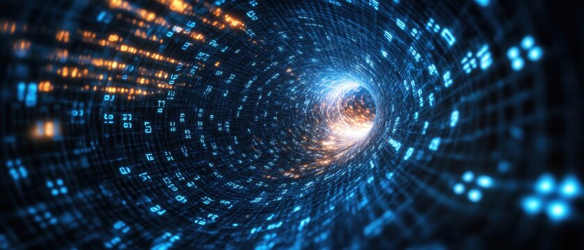 Digital vortex of glowing binary numbers in a futuristic tunnel representing data flow and technology advancement in a virtual space environment