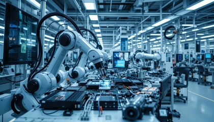 Fototapeta premium Advanced Industrial Robotics in Modern Manufacturing Facility