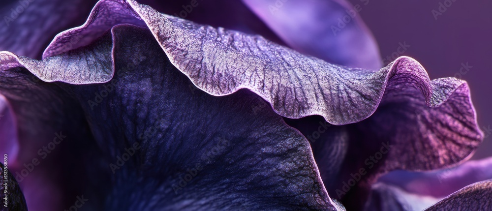Poster macro shot of a purple flower petal highlighting intricate textures and details with soft lighting, 